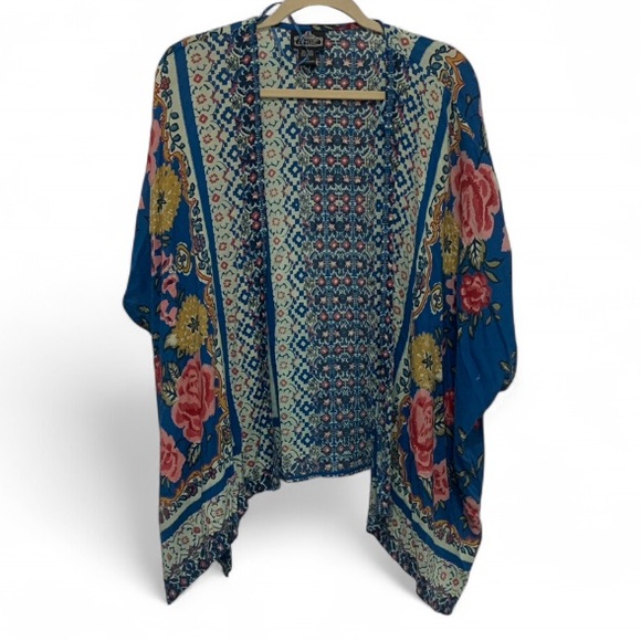 Angie Tops - Angie Blue Boho Floral Print Open Front Short Sleeve Kimono Size Medium